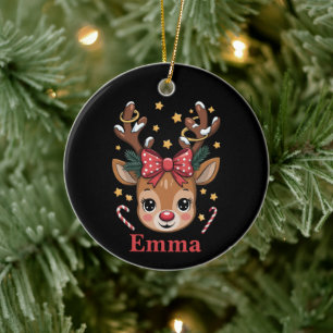 Ornamento De Cerâmica Rena de Natal Personalizada para Menina Família Na