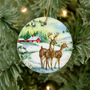 Ornamento De Cerâmica Rena de Natal vintage retrô adicionar mensagem