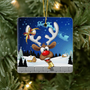 Ornamento De Cerâmica Rena Fofa Espiando Meme de Natal