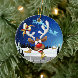 Ornamento De Cerâmica Rena Fofa Espiando Meme de Natal