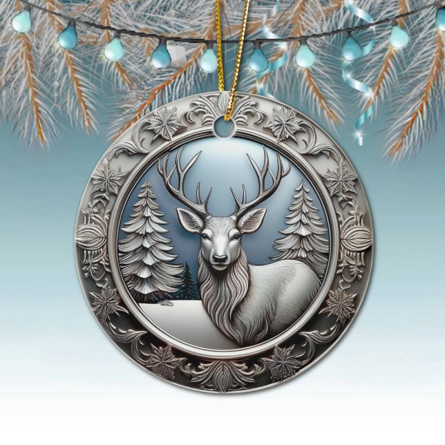 Ornamento De Cerâmica Renas, Árvores, 🦌 de Cerveja de Prata Única 🎄 (Elegant Silver Reindeer Decoration, Deer Antlers Decor,  Winter Trees Scene Ornament Front/Back 🦌🎄)