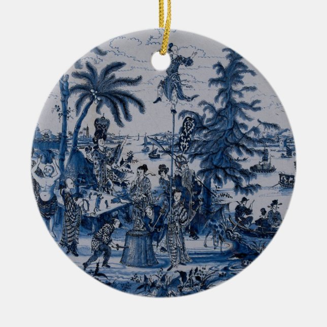 Ornamento De Cerâmica Repro Chinoiserie Delft Blue e White Azulejo (Frente)