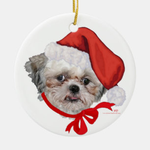 Ornamento De Cerâmica Resgate de Cão Shih Tzu Felizes Festas