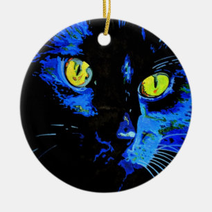 Ornamento De Cerâmica Retrato Artístico De Gato Negro Com Amarelo Em Gre