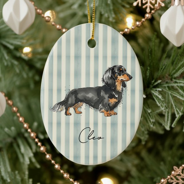 Ornamento De Cerâmica Retrato de animal de estimação desenhado à mão Aqu (Celebrate the holidays with this timeless, vintage striped pet portrait! )