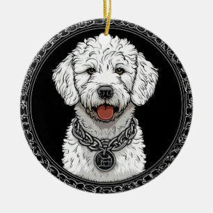 Ornamento De Cerâmica Retrato de Cachorro Branco com Coleira de Corrente