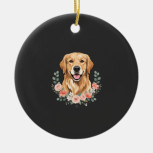 Ornamento De Cerâmica Retrato de Cão Golden Retriever Floral Sublimação