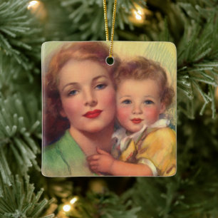 Ornamento De Cerâmica Retrato de família vintage de mãe e filho