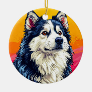 Ornamento De Cerâmica Retrato de Husky Elegante com Pôr do Sol Vibrante