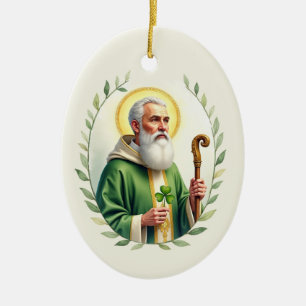 Ornamento De Cerâmica Retrato de Saint Patrick Watercolor em Leafy Wreat