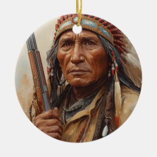 Ornamento De Cerâmica Retrato do Chefe Indígena Geronimo Guerreiro