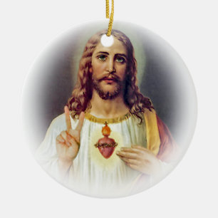 Ornamento De Cerâmica Retrato do Sagrado Coração de Jesus com Sinal de P