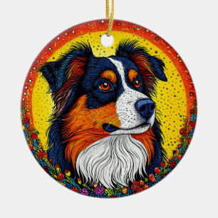 Ornamento De Cerâmica Retrato Ilustrado Vibrante de um Cachorro