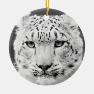 Ornamento De Cerâmica Retrato preto e branco bonito do leopardo de neve