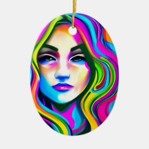 Ornamento De Cerâmica Retrato Retro de uma Mulher com Cabelo Arco-íris