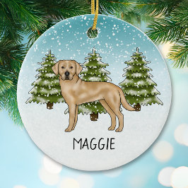 Ornamento De Cerâmica Retriever Labrador Amarelo Azul Inverno Nome Perso