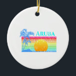 Ornamento De Cerâmica Retro Beach Aruba Sunset<br><div class="desc">Um clássico design de praia retrô de um pôr do sol oceânico e palmeiras para as ilhas Aruba. Um presente incrível para qualquer férias de Caribe.</div>