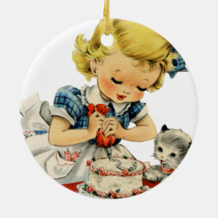 Ornamento De Cerâmica Retro Birthday Girl Cake Cat Artwork