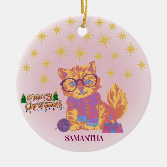 Ornamento De Cerâmica Retro Cat Ceramic Christmas Ornament (Frente)