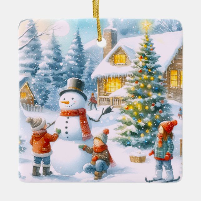 Ornamento De Cerâmica Retro Christmas Snowman (Frente)
