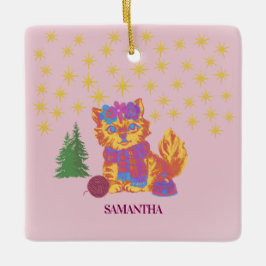 Ornamento De Cerâmica Retro Cute Cat Christmas