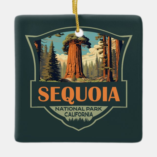 Ornamento De Cerâmica Retro de Ilustração do Parque Nacional Sequoia (Frente)