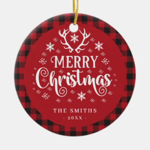 Ornamento De Cerâmica Retro Feliz Natal Vermelho e Branco Personalizado