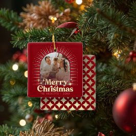 Ornamento De Cerâmica Retro Groovy Feliz Foto da Família de Natal