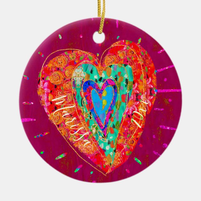 Ornamento De Cerâmica Retro Hippie Pink Turquoise Heart Name Year (Frente)