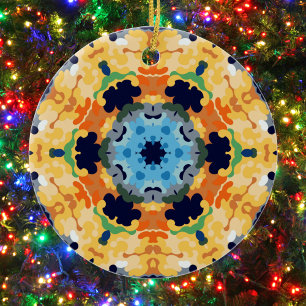 Ornamento De Cerâmica Retro Mandala Amarelo Azul e Laranja