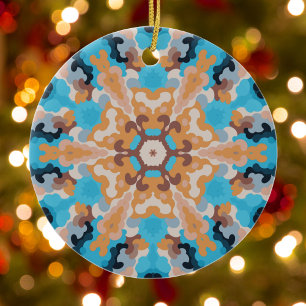 Ornamento De Cerâmica Retro Mandala Azul e Laranja