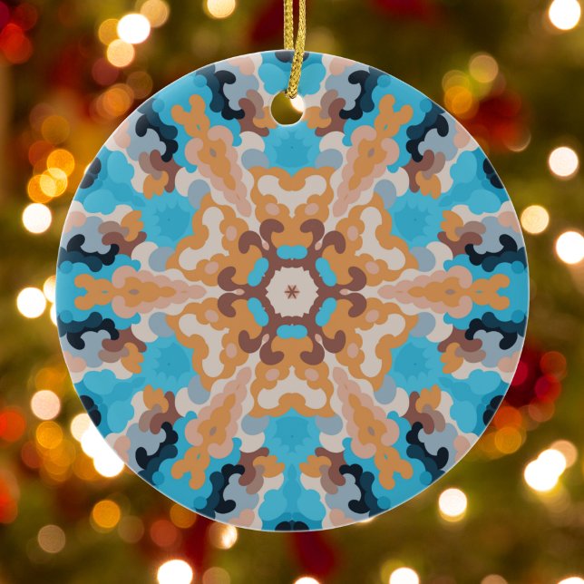 Ornamento De Cerâmica Retro Mandala Azul e Laranja (Blue and Orange Retro Mandala Ornament by Wormhole Orbital)