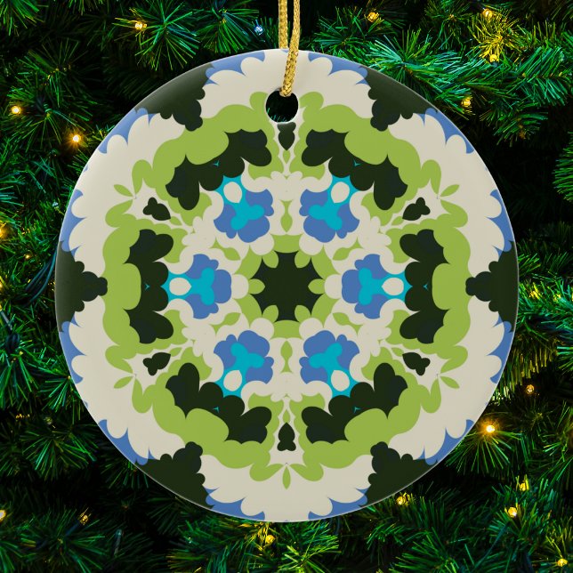 Ornamento De Cerâmica Retro Mandala Azul Verde Branco e Preto (Blue Green White and Black Retro Mandala Christmas Ornament from Wormhole Orbital)