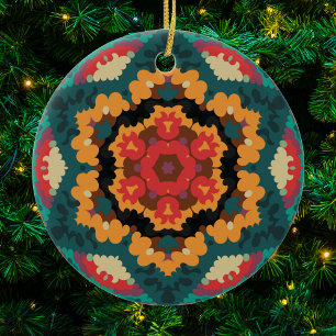 Ornamento De Cerâmica Retro Mandala Blue Orange e Red