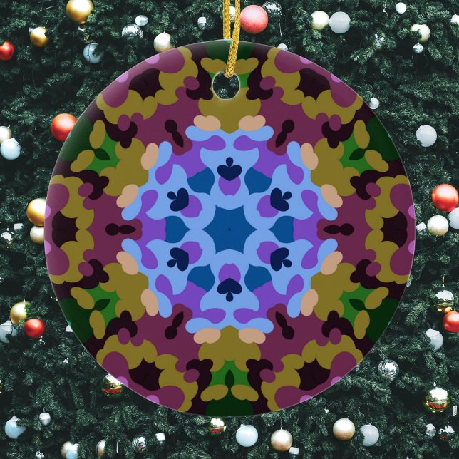 Ornamento De Cerâmica Retro Mandala Blue Purple e Yellow (Blue Purple and Yellow Retro Mandala Ornament by Wormhole Orbital)