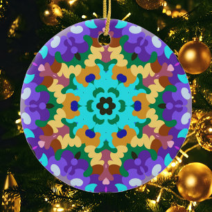 Ornamento De Cerâmica Retro Mandala Blue Purple e Yellow