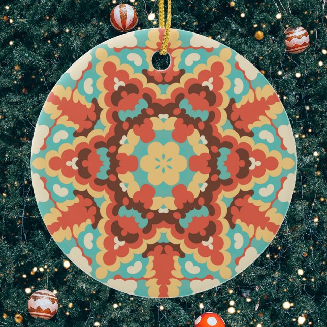 Ornamento De Cerâmica Retro Mandala Blue Red e Yellow (Blue Red and Yellow Retro Mandala Christmas Ornament from Wormhole Orbital)