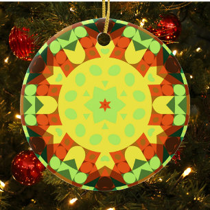 Ornamento De Cerâmica Retro Mandala Flor Amarelo Laranja e Verde
