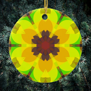 Ornamento De Cerâmica Retro Mandala Flor Amarelo Laranja e Verde