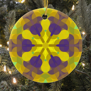 Ornamento De Cerâmica Retro Mandala Flor Amarelo Roxo e Verde