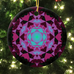 Ornamento De Cerâmica Retro Mandala Flor Azul Roxo e Preto
