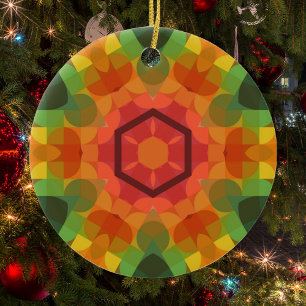Ornamento De Cerâmica Retro Mandala Flor Laranja Amarelo e Verde