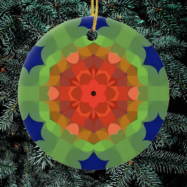 Ornamento De Cerâmica Retro Mandala Flor Laranja Verde e Azul (Criador carregado)