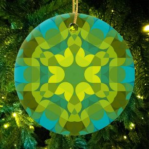 Ornamento De Cerâmica Retro Mandala Flor Verde Amarelo e Azul