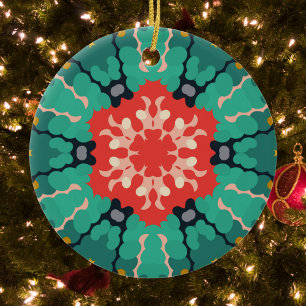 Ornamento De Cerâmica Retro Mandala Flor Vermelho Azul e Amarelo