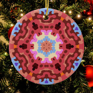 Ornamento De Cerâmica Retro Mandala Flor Vermelho Azul e Laranja