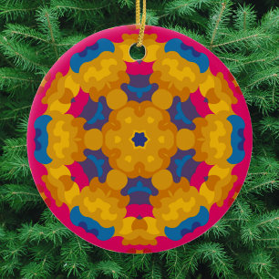 Ornamento De Cerâmica Retro Mandala Laranja Azul e Rosa
