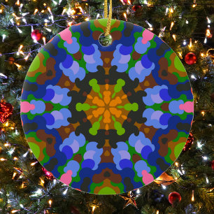 Ornamento De Cerâmica Retro Mandala Verde Azul e Rosa