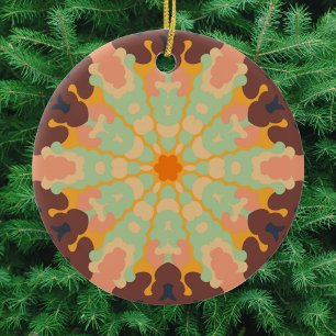 Ornamento De Cerâmica Retro Mandala Verde Laranja e Amarelo