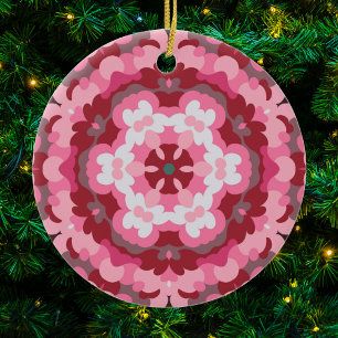 Ornamento De Cerâmica Retro Mandala Vermelho e Branco Rosa